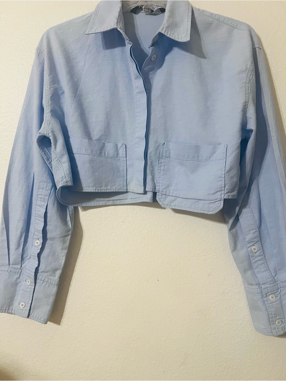 Zara Light Blue Cropped Jacket with Patch Pockets